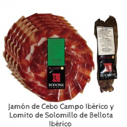 Solomillo de Bellota Ibérico curado 500grs + 5 sobres Jamón de Cebo de Campo 50% raza ibérica cortado a cuchillo