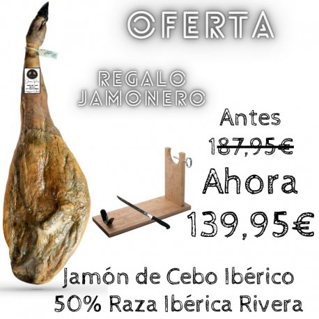 Comprar Jamón De Cebo Ibérico 50% Raza ibérica Rivera 7-7,5 kgs + jamonero  - Jabugo, Extremadura, Guijuelo