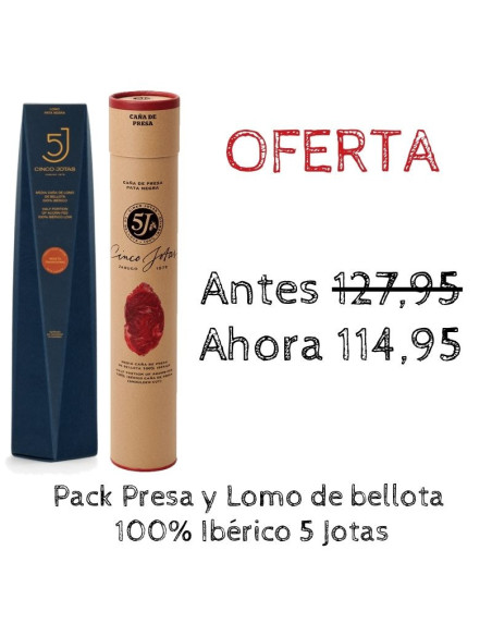 Oferta Pack Caña de lomo y presa de bellota 100% ibérica 5 Jotas de bellota  Jabugo